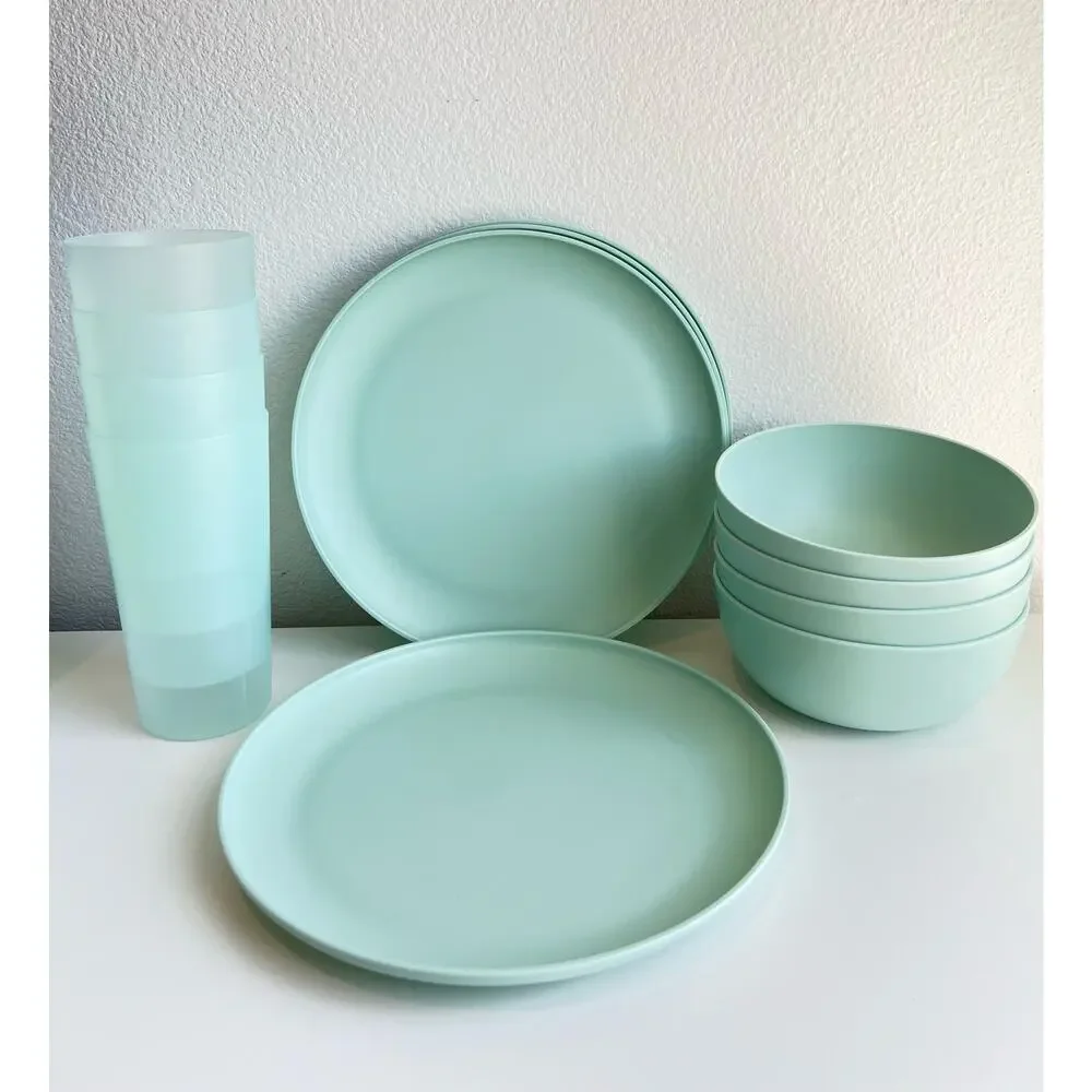 NEW 12pcs Room Essentials Plastic Dinner Plates Cereal Bowls cups Set Sea Moss